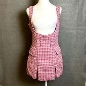Dolls Kill Sugar Thrillz Pink Tweed Pinafore Raw Edge Button Mini Dress Clueless